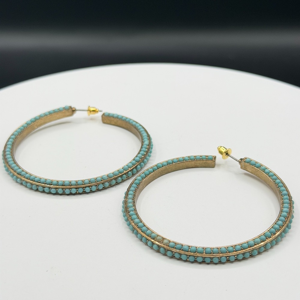 Turquoise Tone Blue Beaded Large Hoop Earrings Gold Tone Statement Boho Gift